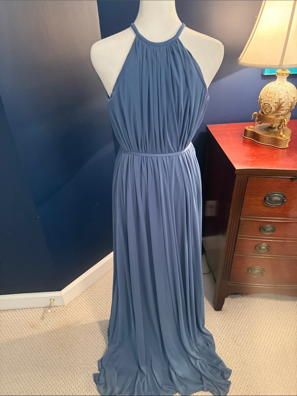 David's Bridal Dusty Blue Halter Maxi Dress